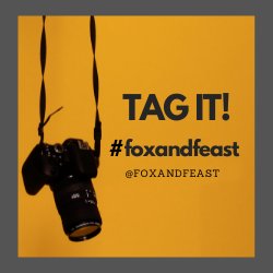 DSLR Camera hanging by its lanyard with an orange background and says "TAG IT! #foxandfeast @foxandfeast"