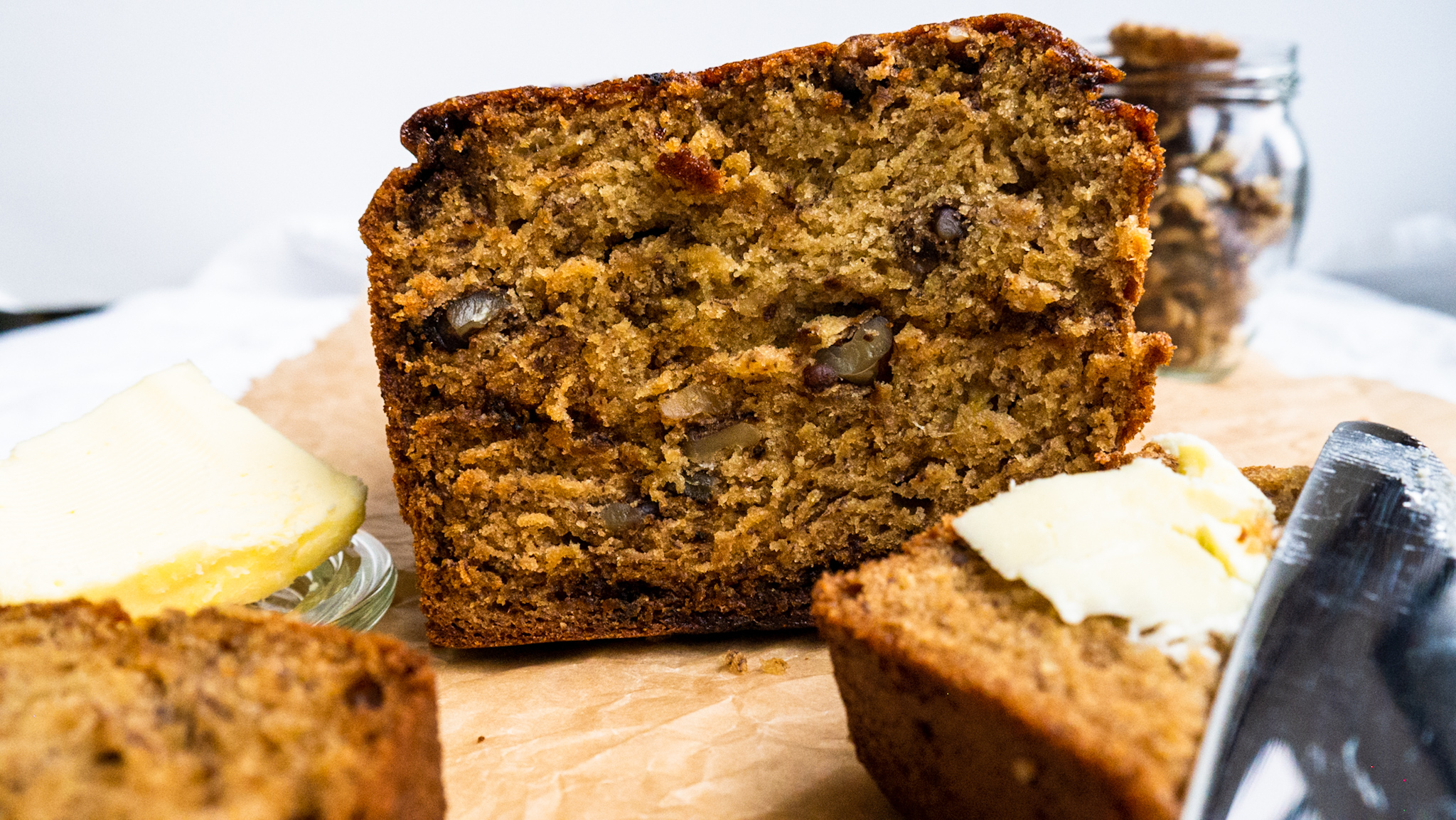 banana bread cut with butter