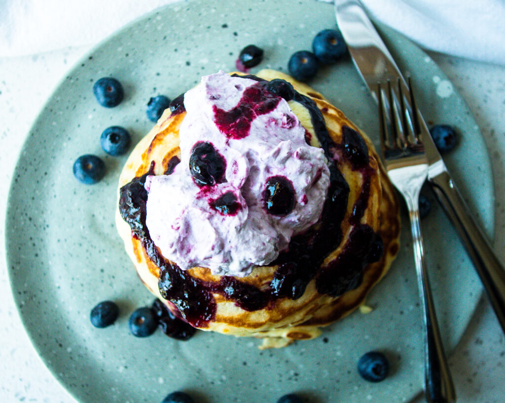 buttermilk pancake with blueberry whip and sauce from above