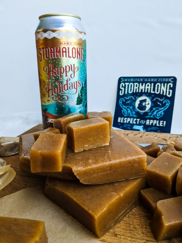 caramel candy blocks with stormalong cider and logo