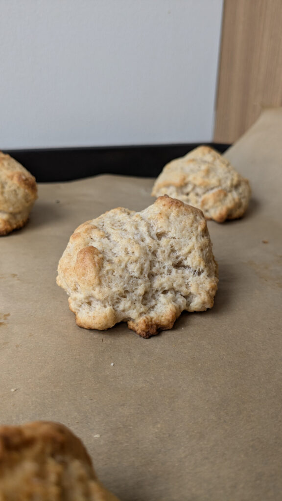 sourdough drop biscuits on a baking pan